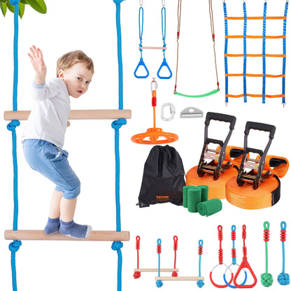 Kids Ninja Warrior Obstacle Course, 2x19.8m Slacklines, 226.8kg Capacity, 12 Obstacles