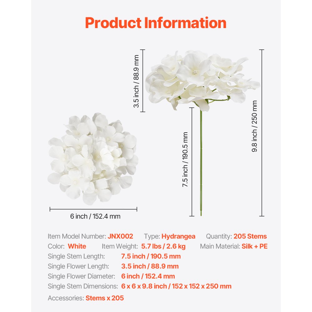 VEVOR 205 Pcs Artificial Silk Hydrangea Flowers 9.8 In Bouquet Arrangement White