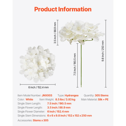 VEVOR 305 Pcs Artificial Silk Hydrangea Flowers 9.8 In Bouquet Arrangement White