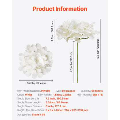 VEVOR 65 Pcs Artificial Silk Hydrangea Flowers 9.8 In Bouquet Arrangement White