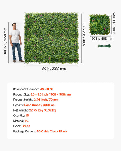 Artificial Plant Wall, 16PCS 50.8 x 50.8 cm Artificial Boxwood Panels, Sun Protection Greenery Backdrop Privacy Hedge Fence, Fake Grass Wall Screen for Wedding, Indoor, Outdoor Garden, Backyard