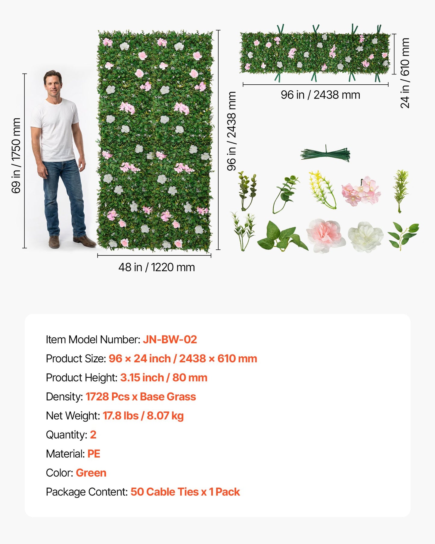 Artificial Luxury‌ Flower Wall Backdrop, 2 PCS, Each Panel 61 x 243.8 cm, Gorgeous 3D Silk Floral Backdrop Pet Friendly, Easy Installation Flower Wall Panel for Wedding, Event, Party, Home Decor