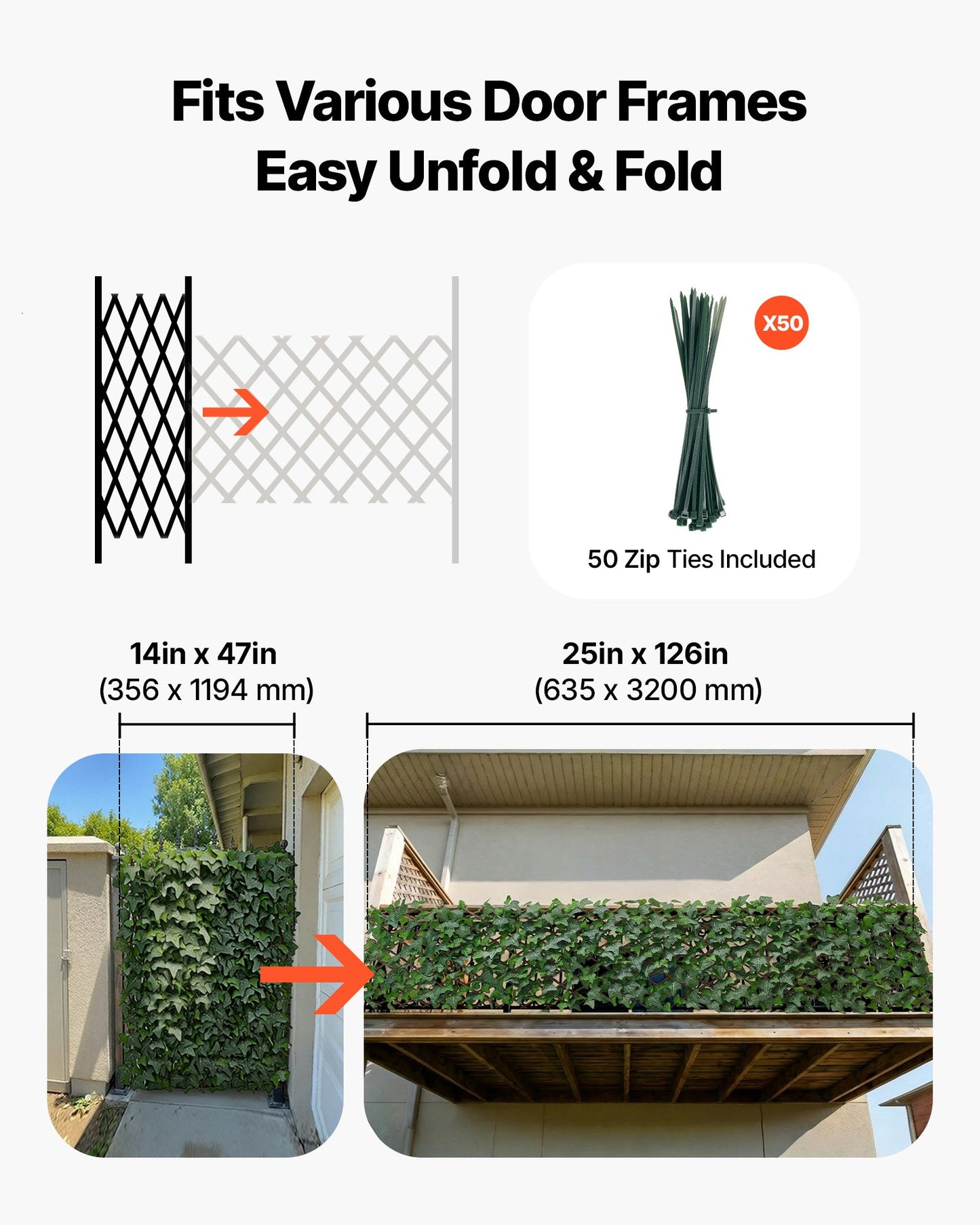 Expandable Fence Privacy Screen, 63.5 x 320 cm Expand Artificial Plant Wall, Realistic Artificial Ivy Panel with 50 Zip Ties, Decorative Faux Greenery Backdrop Hedges for Balcony Patio Outdoor