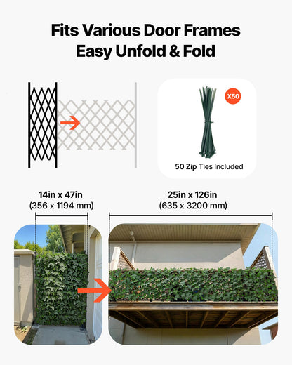 Expandable Fence Privacy Screen, 63.5 x 320 cm Expand Artificial Plant Wall, Realistic Artificial Ivy Panel with 50 Zip Ties, Decorative Faux Greenery Backdrop Hedges for Balcony Patio Outdoor