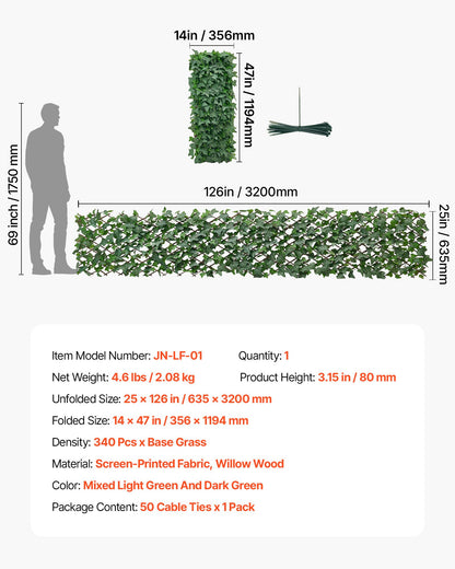 Expandable Fence Privacy Screen, 63.5 x 320 cm Expand Artificial Plant Wall, Realistic Artificial Ivy Panel with 50 Zip Ties, Decorative Faux Greenery Backdrop Hedges for Balcony Patio Outdoor