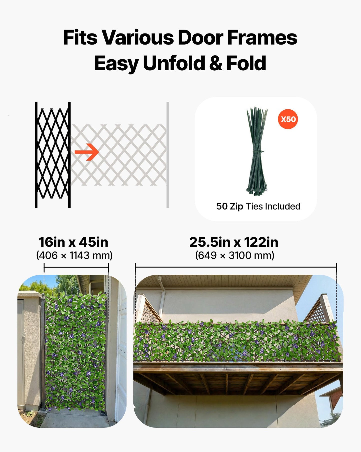 Expandable Fence Privacy Screen, 64.9 x 310 cm Expand Artificial Plant Wall, Realistic Artificial Ivy Panel with 50 Zip Ties, Decorative Faux Greenery Backdrop Hedges for Balcony Patio Outdoor