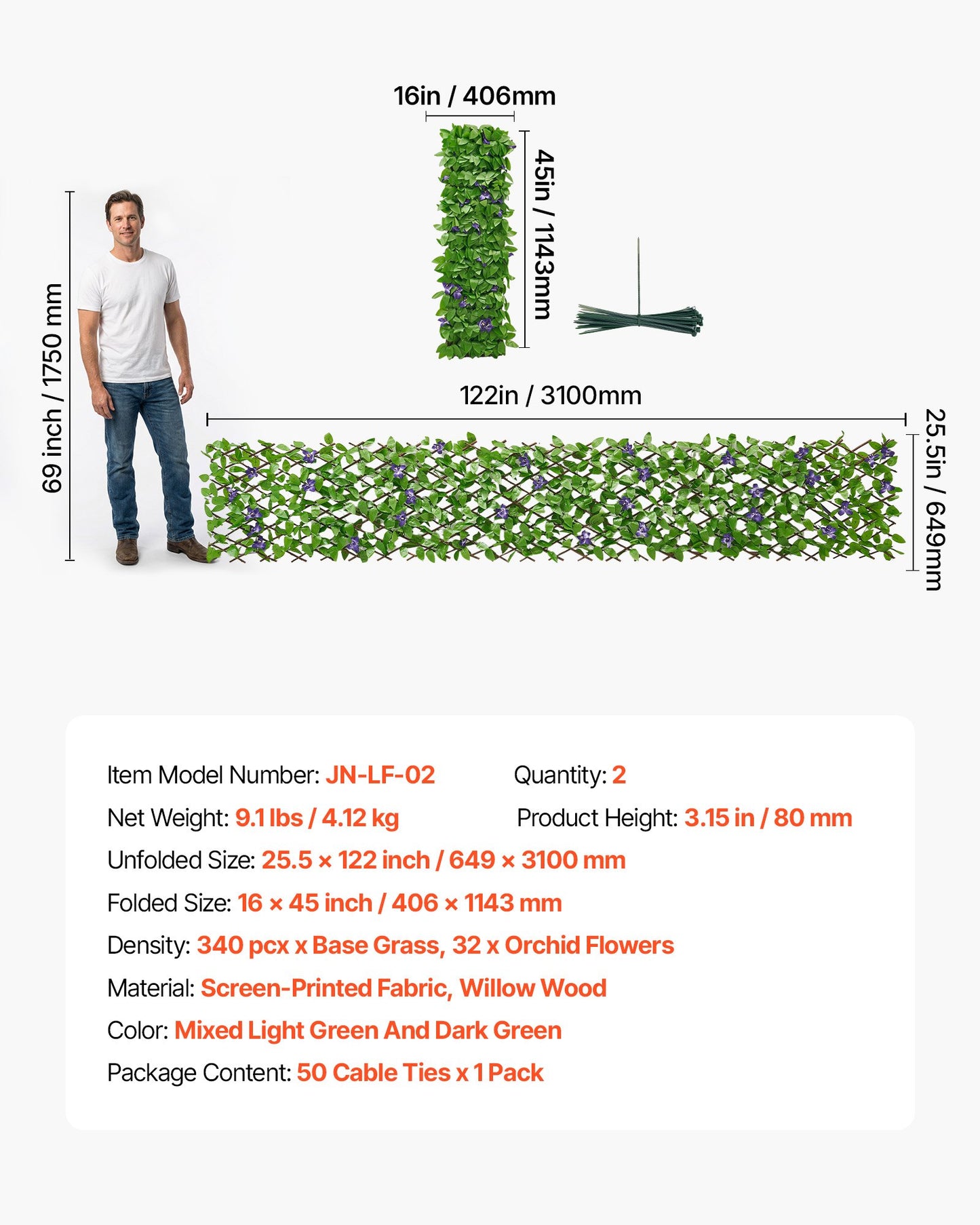 Expandable Fence Privacy Screen, 64.9 x 310 cm Expand Artificial Plant Wall, Realistic Artificial Ivy Panel with 50 Zip Ties, Decorative Faux Greenery Backdrop Hedges for Balcony Patio Outdoor