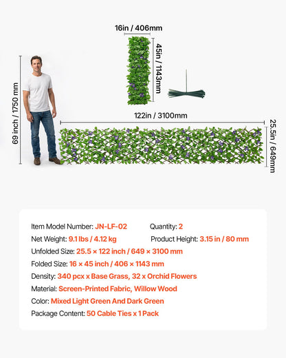 Expandable Fence Privacy Screen, 64.9 x 310 cm Expand Artificial Plant Wall, Realistic Artificial Ivy Panel with 50 Zip Ties, Decorative Faux Greenery Backdrop Hedges for Balcony Patio Outdoor
