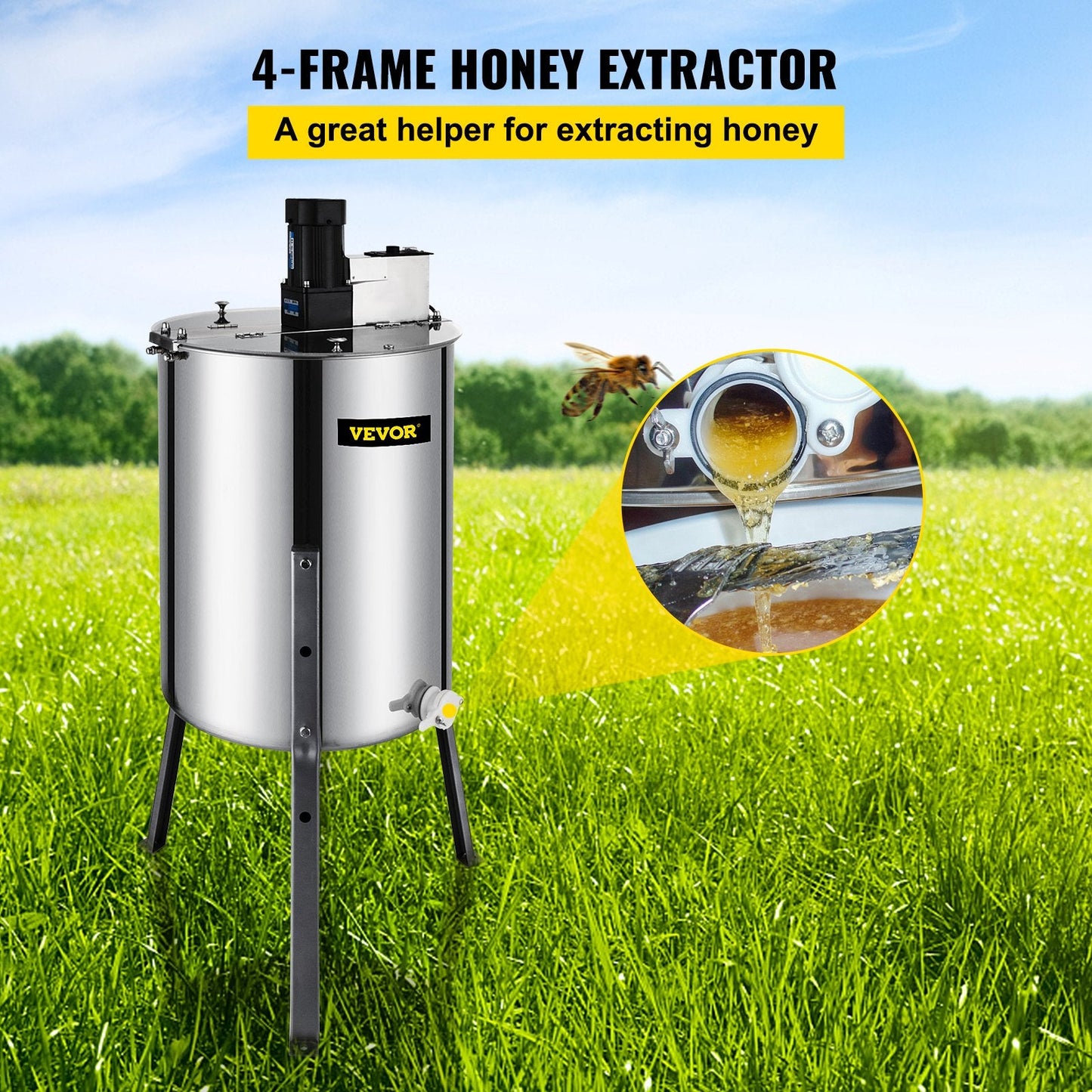 4-Frame Electric Honey Extractor with 120W Motor and Dual Clear Lids