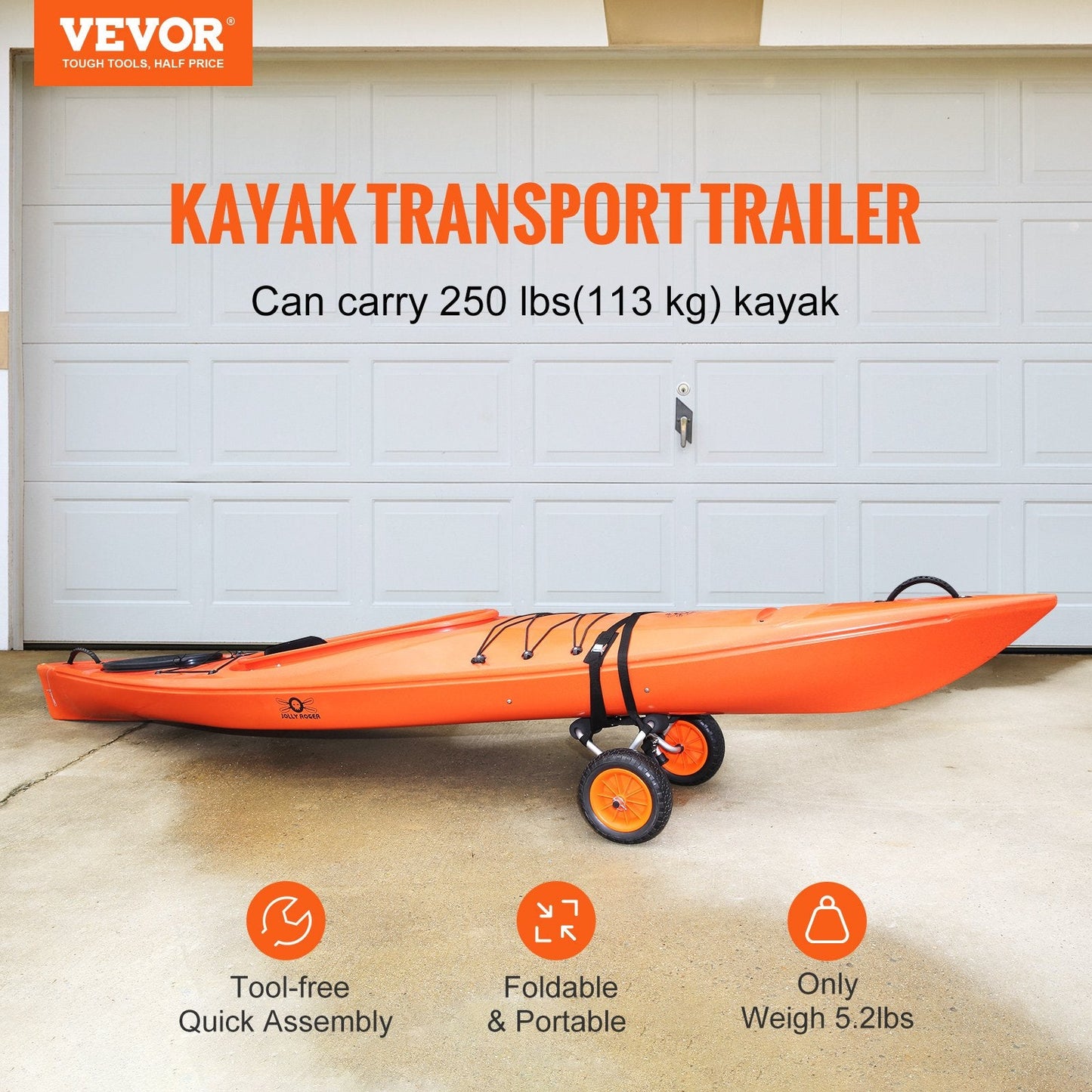 Foldable Kayak & Canoe Cart with 10'' Solid Tires, 113 kg Load Capacity