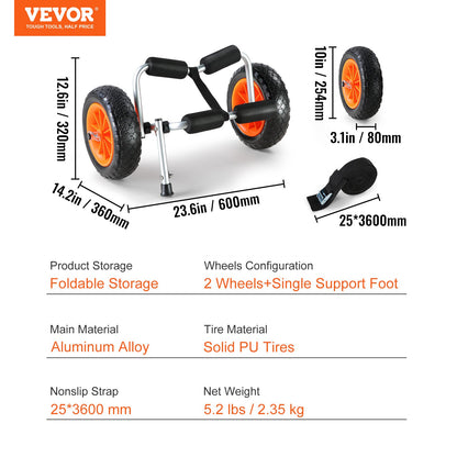 VEVOR Foldable Kayak Cart Canoe Boat Carrier 250lbs Load with 10'' Solid Tires