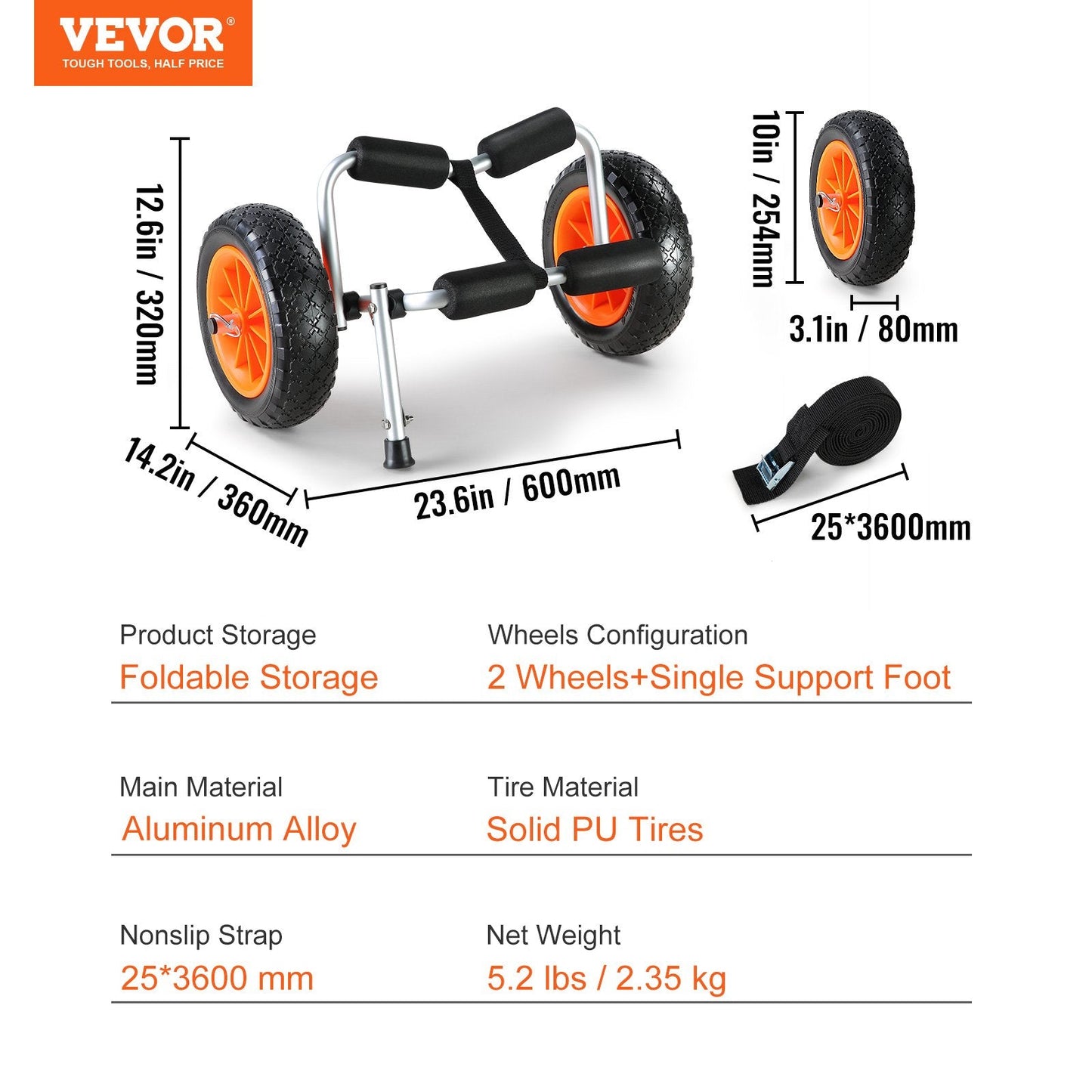Foldable Kayak & Canoe Cart with 10'' Solid Tires, 113 kg Load Capacity