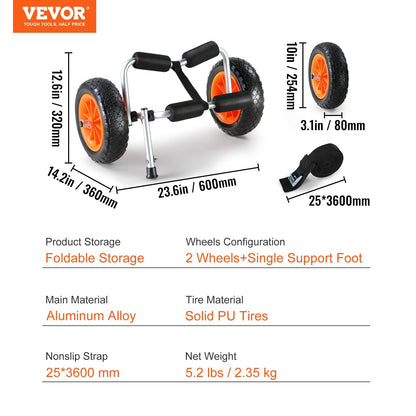 Foldable Kayak & Canoe Cart with 10'' Solid Tires, 113 kg Load Capacity