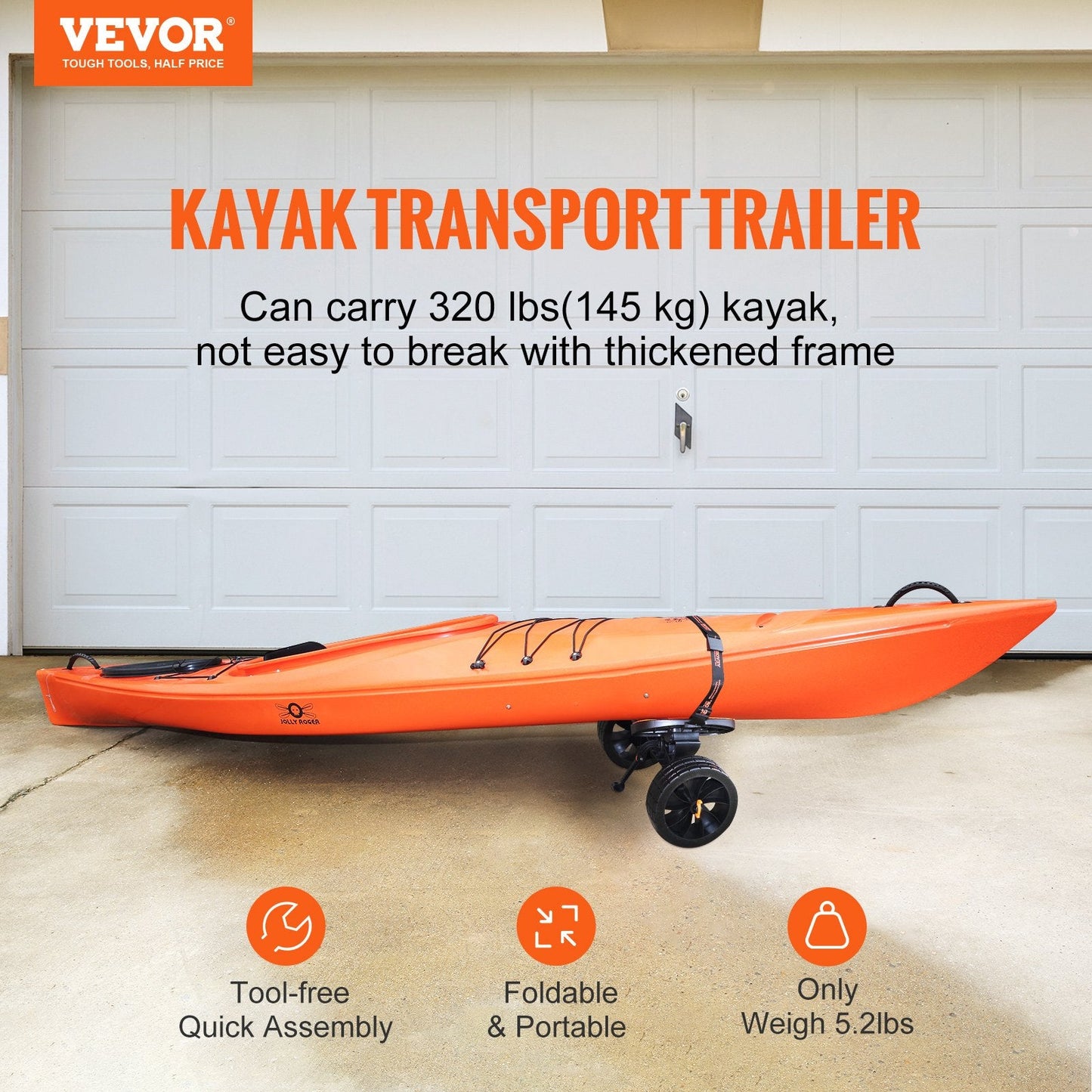 Adjustable Kayak & Canoe Cart with Solid Tires, 145 kg Load Capacity