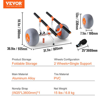 VEVOR Adjustable Kayak Cart Canoe Carrier 350lbs Load with 12'' Tires Foldable
