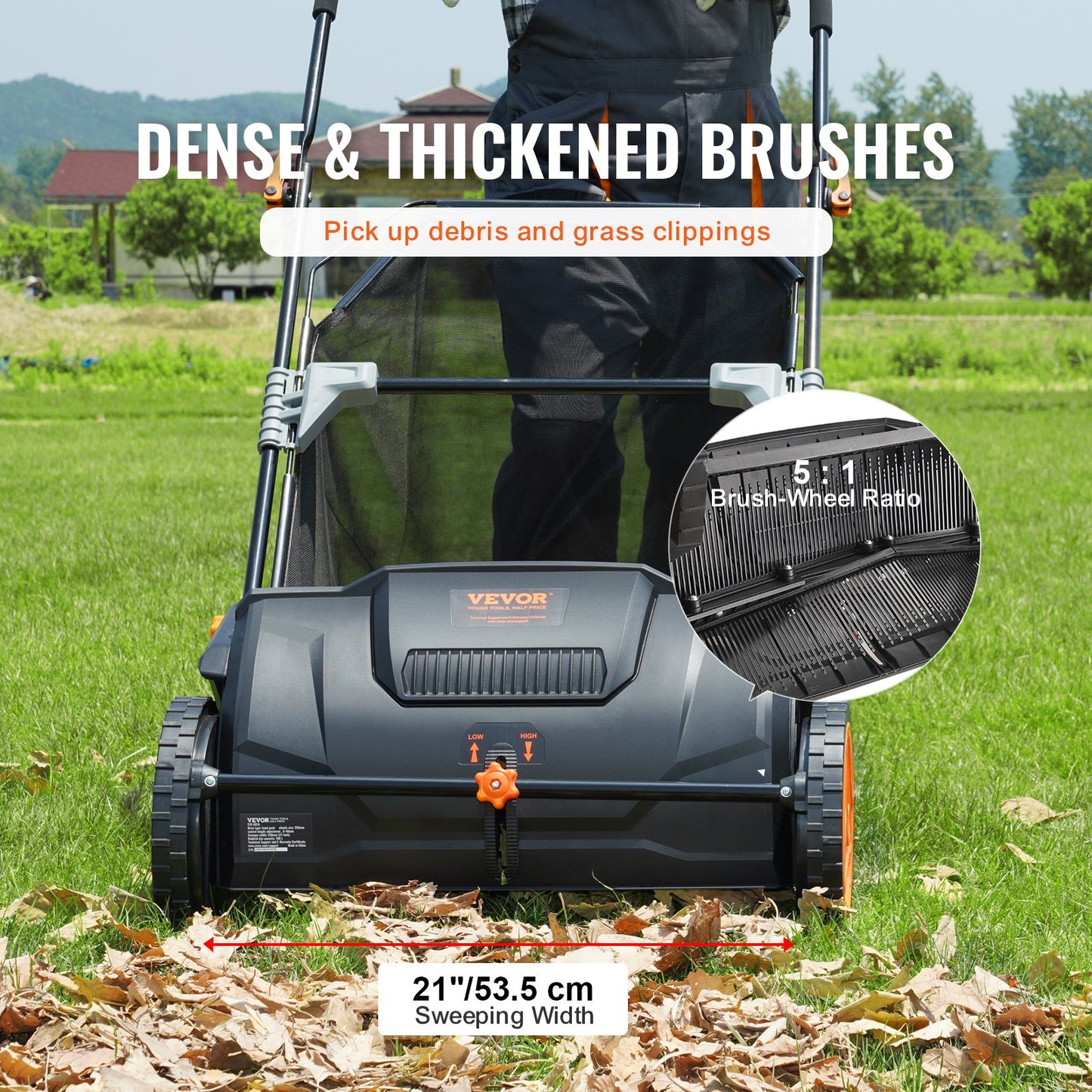 VEVOR Push Lawn Sweeper, 53.3 cm Leaf & Grass Collector, Strong Rubber Wheels &