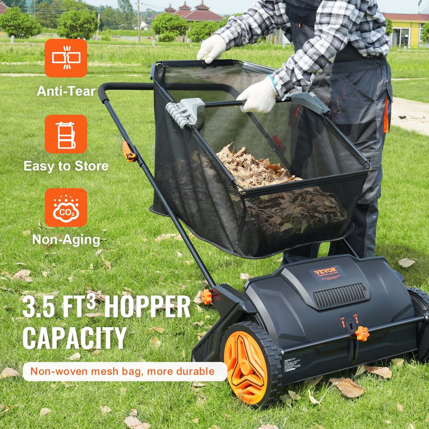 VEVOR Push Lawn Sweeper, 53.3 cm Leaf & Grass Collector, Strong Rubber Wheels &