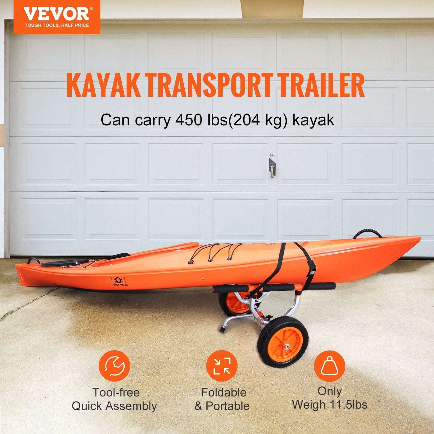 Adjustable Aluminum Kayak Canoe Cart with 200kg Load & 0.3m Solid Tires