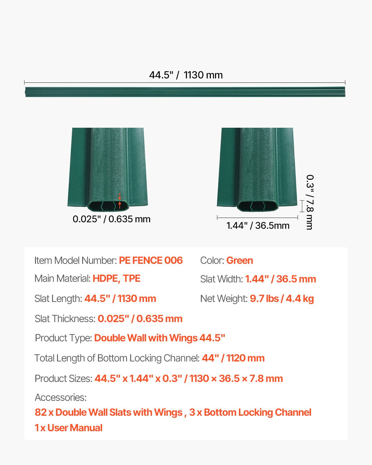 Bottom Locking Privacy Slats, Double-Wall Vertical Bottom-Locking Slats with Wings for Chain-Link Fence, High-Density HDPE Chain Link Slats Ideally Fit 1.2 m High Fence for Garden Farm(Green)