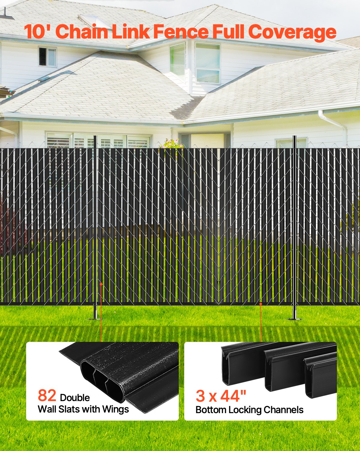 Bottom Locking Privacy Slats, Double-Wall Vertical Bottom-Locking Slats with Wings for Chain-Link Fence, High-Density HDPE Chain Link Slats Ideally Fit 2.4 m High Fence for Garden Farm(Black)