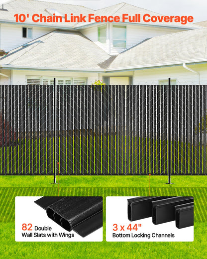 Bottom Locking Privacy Slats, Double-Wall Vertical Bottom-Locking Slats with Wings for Chain-Link Fence, High-Density HDPE Chain Link Slats Ideally Fit 2.4 m High Fence for Garden Farm(Black)