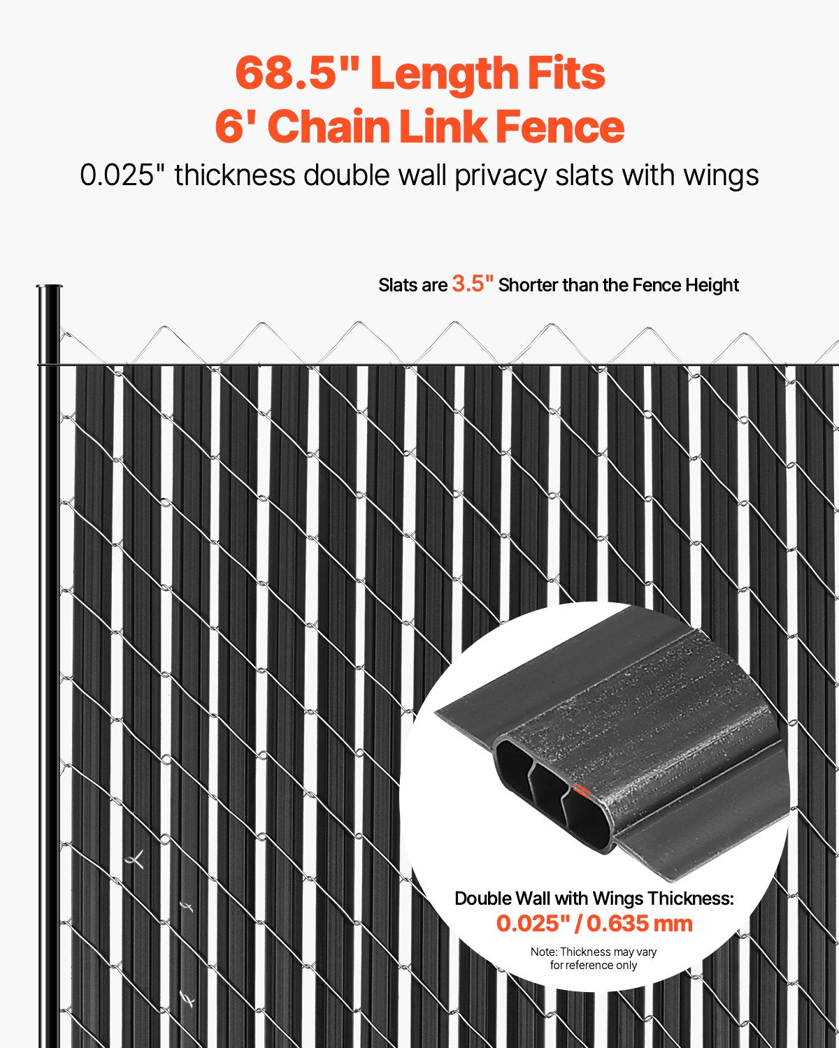 Bottom Locking Privacy Slats, Double-Wall Vertical Bottom-Locking Slats with Wings for Chain-Link Fence, High-Density HDPE Chain Link Slats Ideally Fit 1.8 m High Fence for Garden Farm(Black)