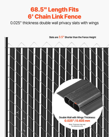 Bottom Locking Privacy Slats, Double-Wall Vertical Bottom-Locking Slats with Wings for Chain-Link Fence, High-Density HDPE Chain Link Slats Ideally Fit 1.8 m High Fence for Garden Farm(Black)