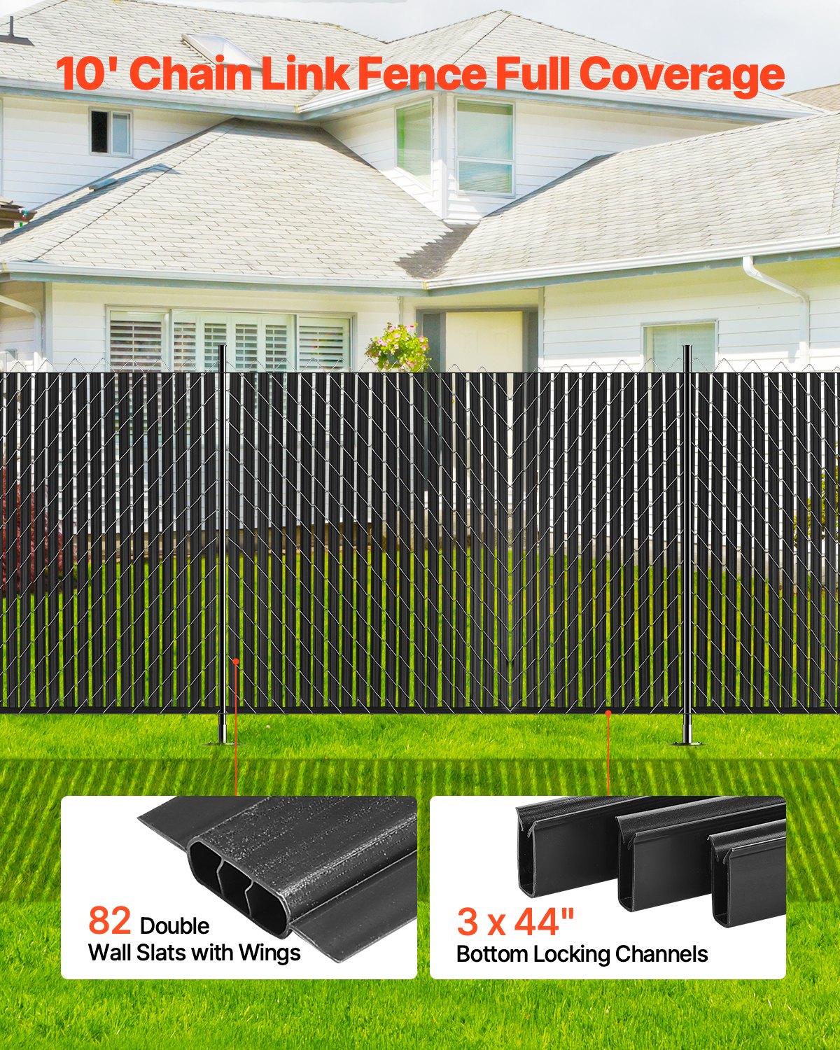 Bottom Locking Privacy Slats, Double-Wall Vertical Bottom-Locking Slats with Wings for Chain-Link Fence, High-Density HDPE Chain Link Slats Ideally Fit 1.8 m High Fence for Garden Farm(Black)