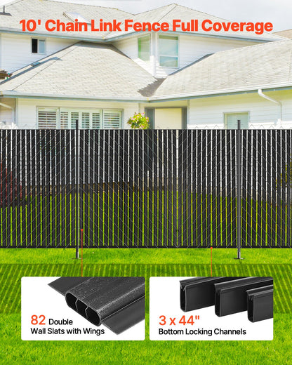 Bottom Locking Privacy Slats, Double-Wall Vertical Bottom-Locking Slats with Wings for Chain-Link Fence, High-Density HDPE Chain Link Slats Ideally Fit 1.8 m High Fence for Garden Farm(Black)