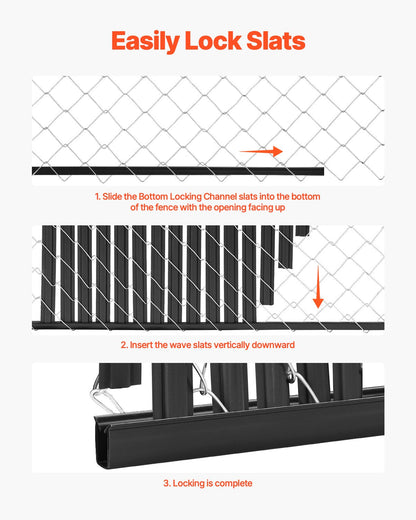 Bottom Locking Privacy Slats, Double-Wall Vertical Bottom-Locking Slats with Wings for Chain-Link Fence, High-Density HDPE Chain Link Slats Ideally Fit 1.8 m High Fence for Garden Farm(Black)