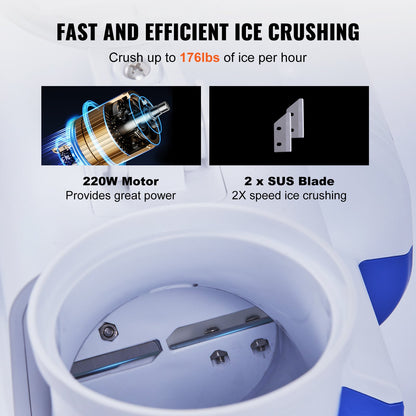 VEVOR Ice Crushers Machine, 176lbs Per Hour Electric Snow Cone Maker with 2 Blades,