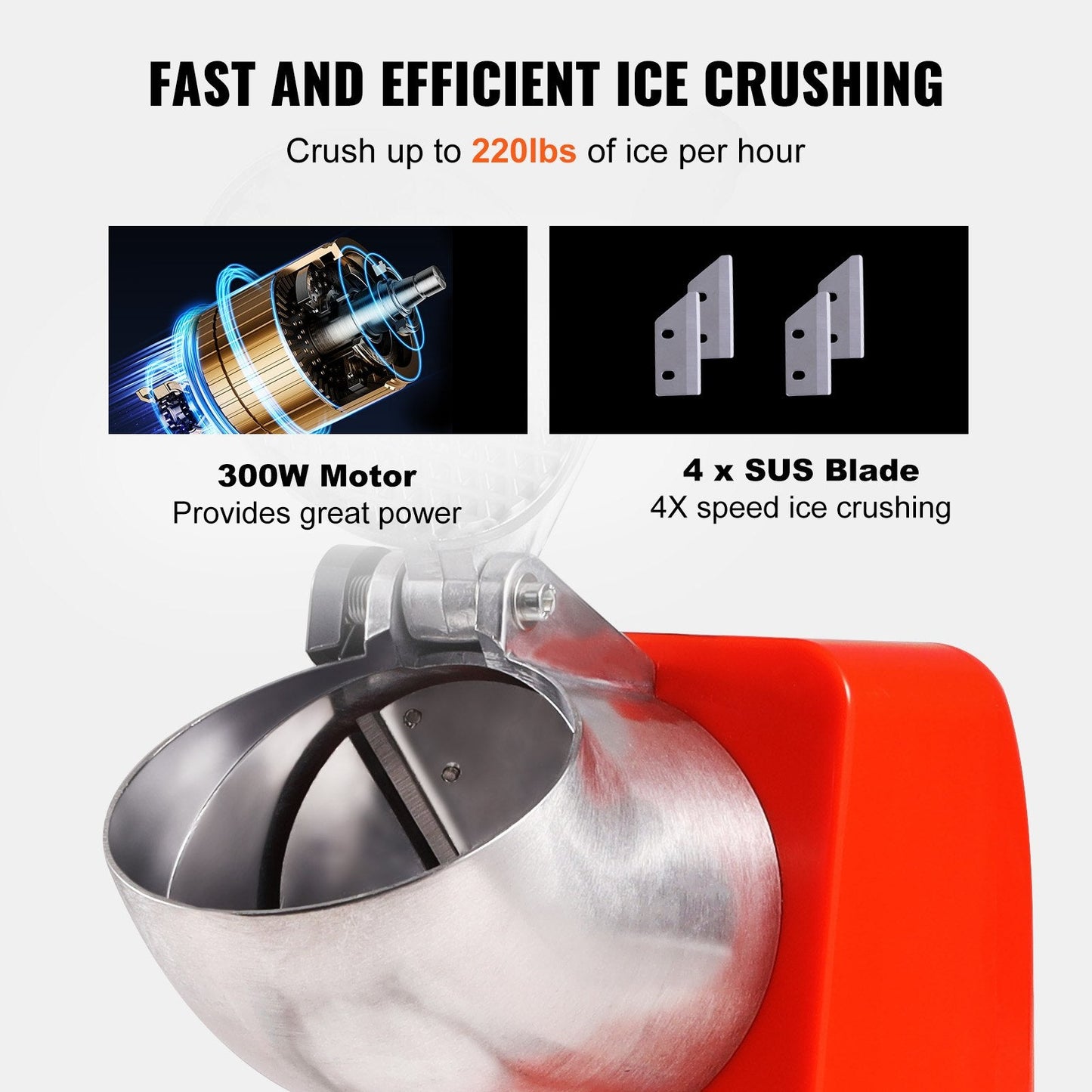 Electric Ice Crusher, 100 KG/H Snow Cone Maker with 4 Blades, 300W, Orange