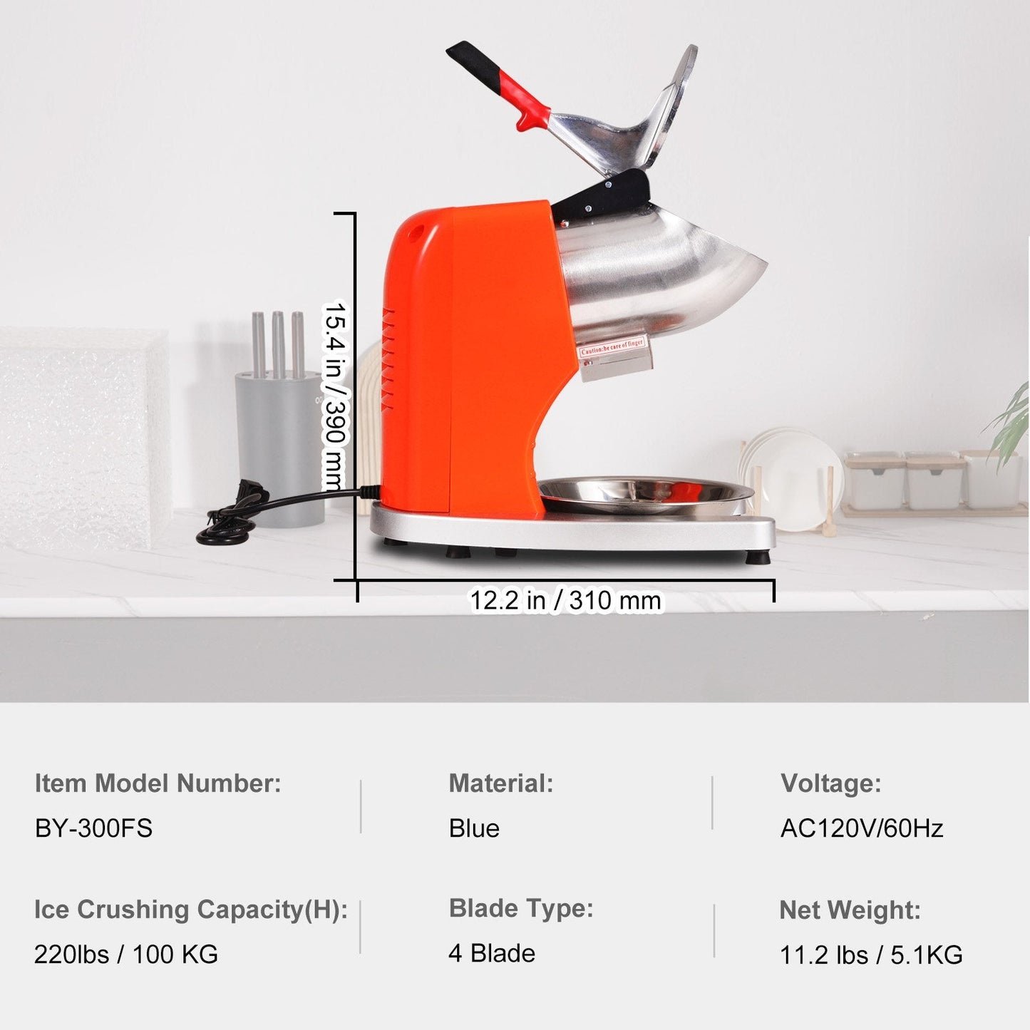 Electric Ice Crusher, 100 KG/H Snow Cone Maker with 4 Blades, 300W, Orange