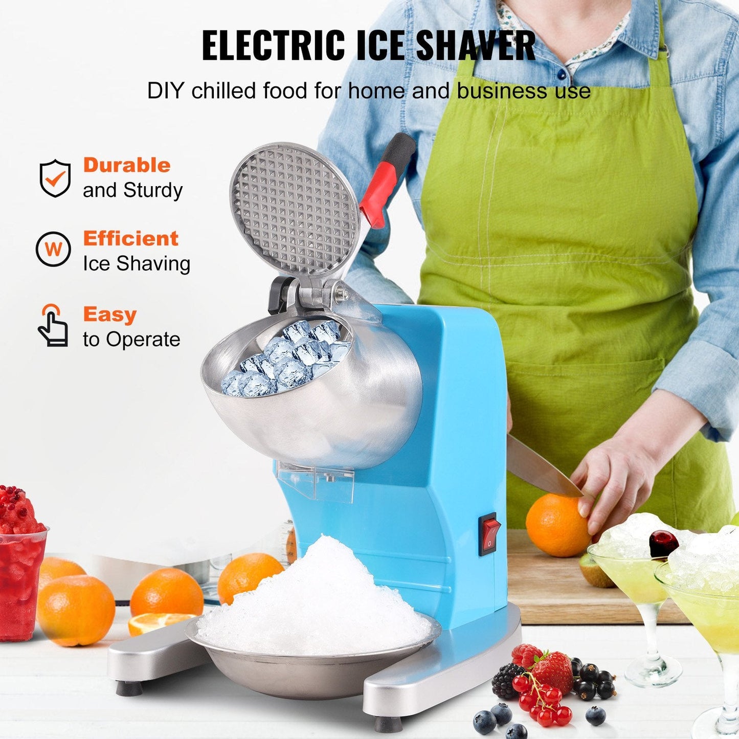 Electric Ice Crusher & Shaver, 100KG/H, 4-Blade, Stainless Steel, Blue