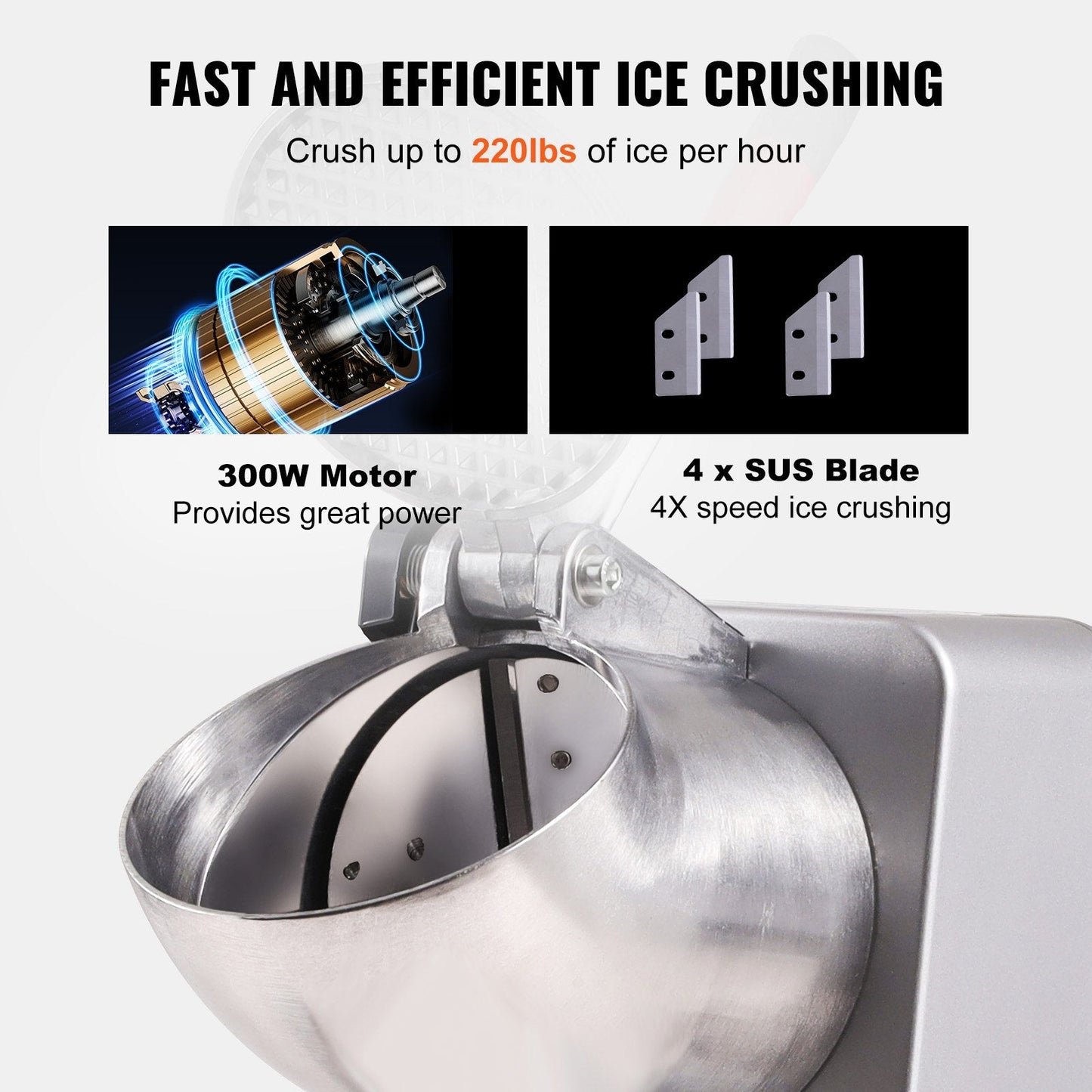Electric 100 kg/hr Snow Cone Maker with 4 Blades, Stainless Steel, 300W