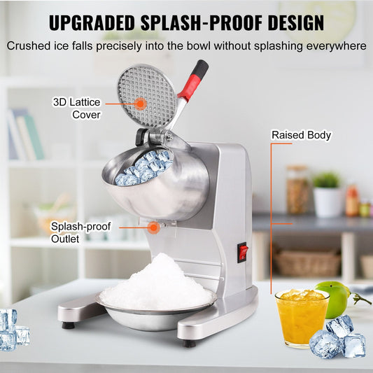 Electric 100 kg/hr Snow Cone Maker with 4 Blades, Stainless Steel, 300W