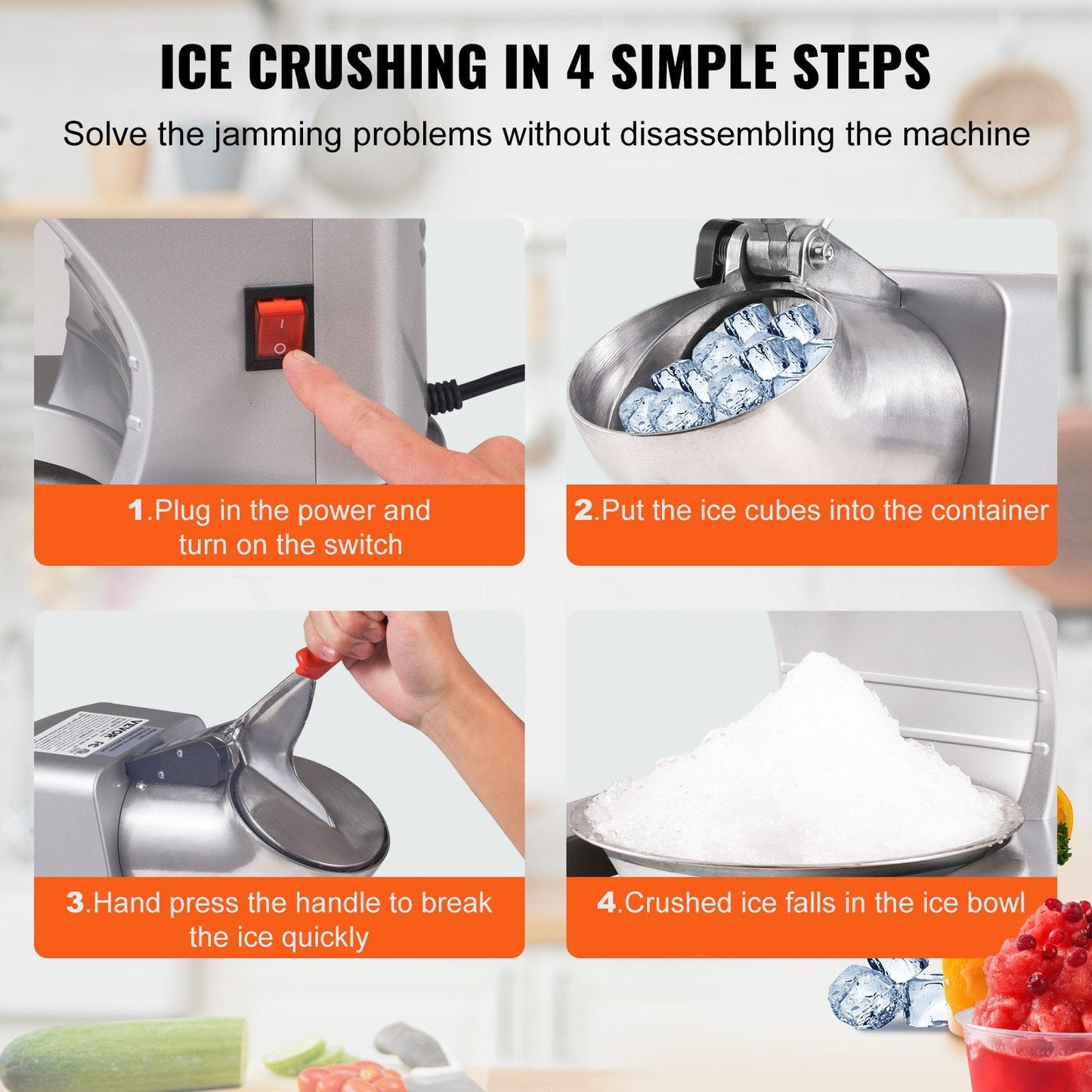 Electric 100 kg/hr Snow Cone Maker with 4 Blades, Stainless Steel, 300W