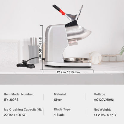 Electric 100 kg/hr Snow Cone Maker with 4 Blades, Stainless Steel, 300W