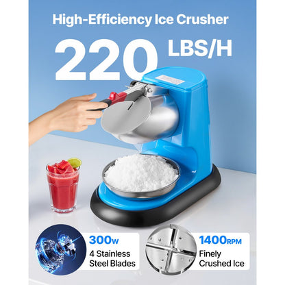 VEVOR Commercial Ice Crusher 100KG/H Electric Snow Cone Maker Shaved Ice Blue