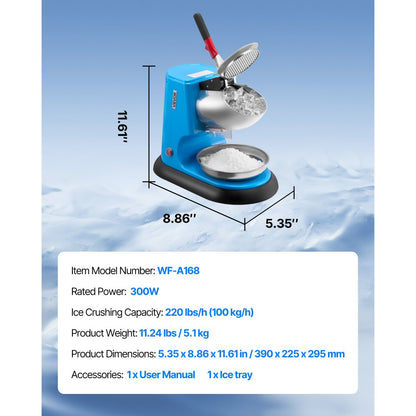 VEVOR Commercial Ice Crusher 100KG/H Electric Snow Cone Maker Shaved Ice Blue