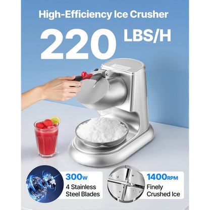 VEVOR Commercial Ice Crusher 100KG/H Electric Snow Cone Maker Shaved Ice Silver