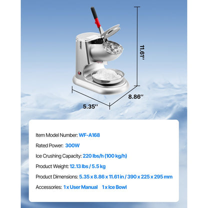 VEVOR Commercial Ice Crusher 100KG/H Electric Snow Cone Maker Shaved Ice Silver