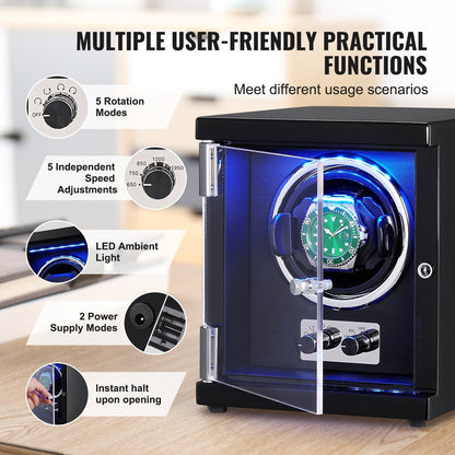 Automatic Watch Winder with Quiet Motor, LED Light, and Adjustable Strap