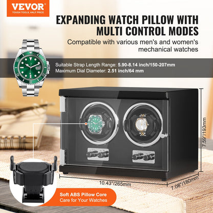 Dual Automatic Watch Winder with Quiet Motors, LED Light, and Adjustable Strap