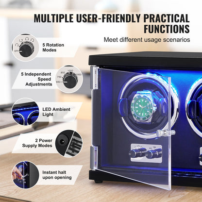 Dual Automatic Watch Winder with Quiet Motors, LED Light, and Adjustable Strap