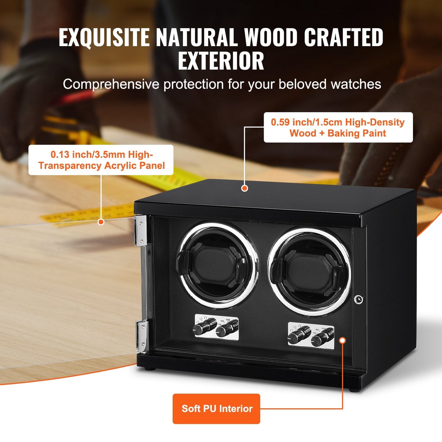 Dual Automatic Watch Winder with Quiet Motors, LED Light, and Adjustable Strap