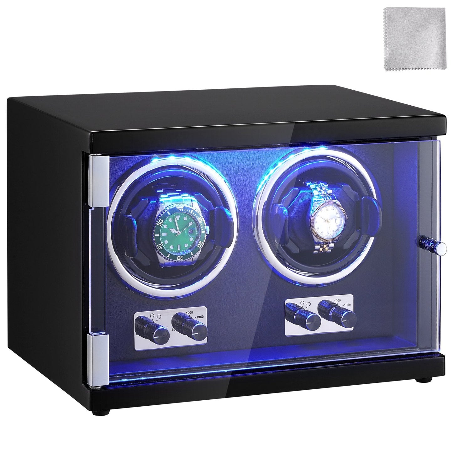 Dual Automatic Watch Winder with Quiet Motors, LED Light, and Adjustable Strap