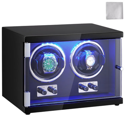 Dual Automatic Watch Winder with Quiet Motors, LED Light, and Adjustable Strap