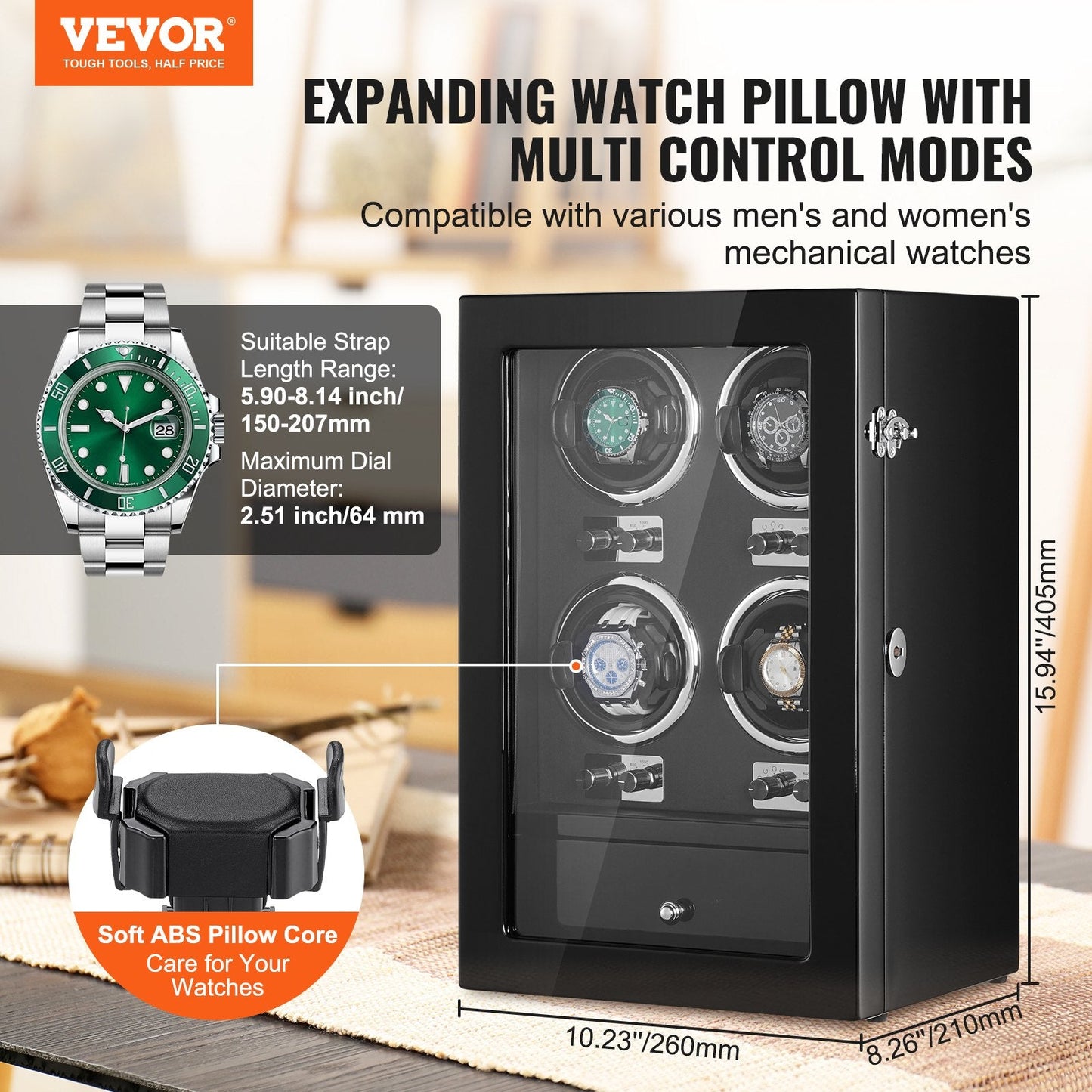Automatic Watch Winder for 4 Watches with Quiet Motors and LED Light