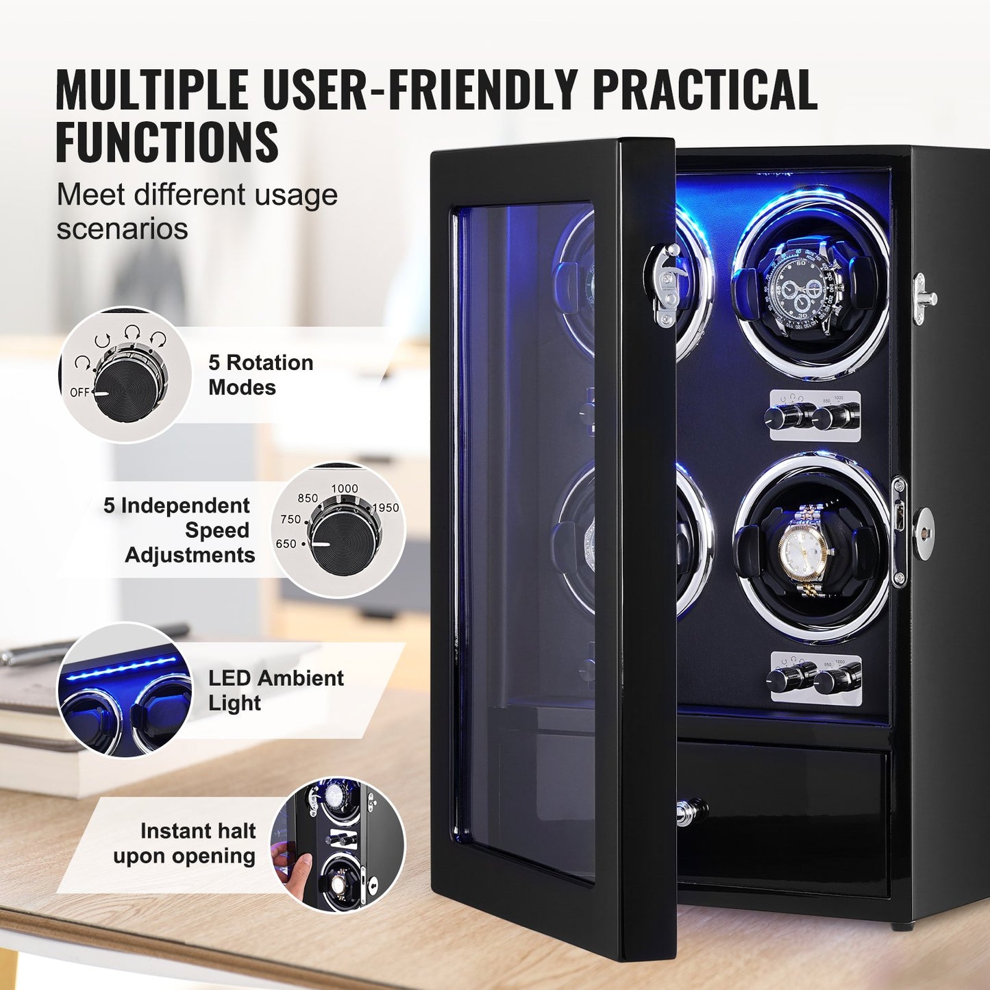 VEVOR Watch Winder, Watch Winder for 4 Men's and Women's Automatic Watches, with